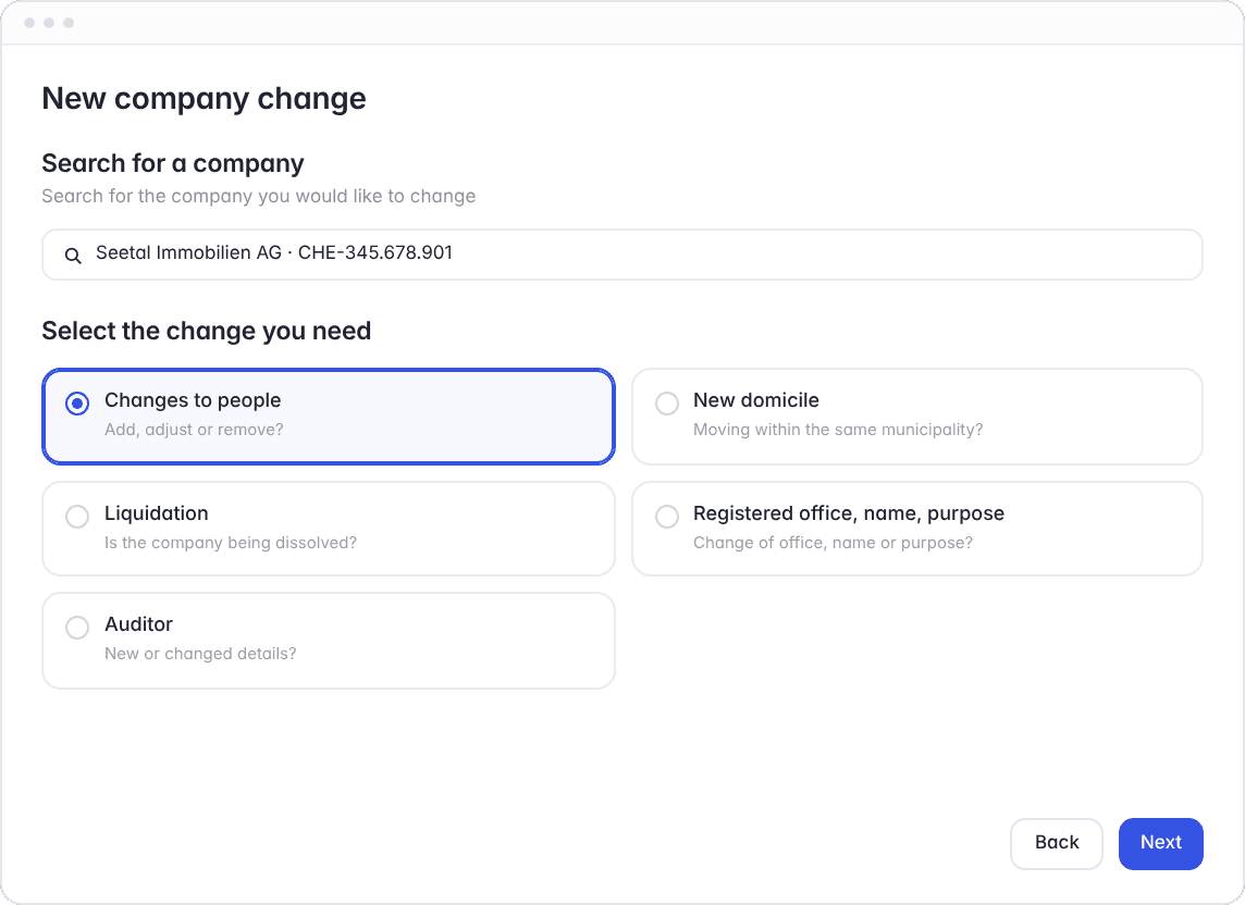 Hoop: new company change – search the company and select the change, e.g. persons, registered office or purpose